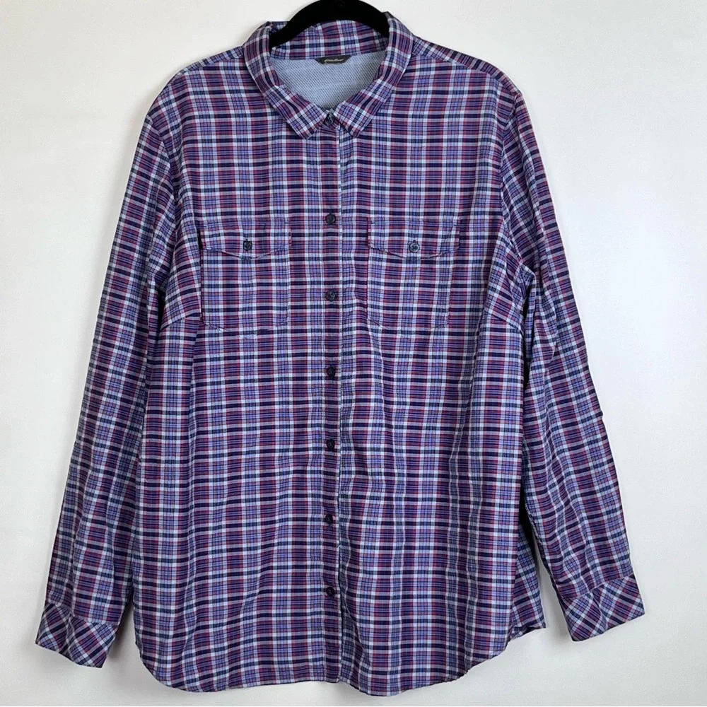 Eddie Bauer Shirt Women’s 3X Purple Pink Plaid Adventurer Roll-Tab Sleeve READ